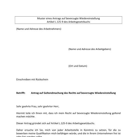 Aperçu du document de Muster eines Antrags auf bevorzugte Wiedereinstellung — Contrat recrutement, Luxembourg (CERFA n°020)
