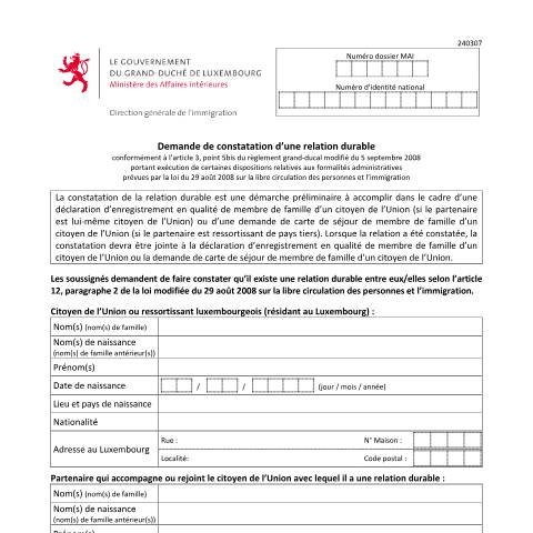 Aperçu du document Demande de constatation d’une relation durable — Immigration documents communs, Luxembourg (CERFA n°reconnaissance-relation-durable)