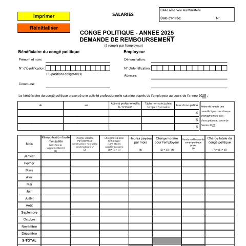 Aperçu du document Demande de remboursement du congé politique communal pour l’année 2025 (pour salariés) — Conges, Luxembourg (CERFA n°conge-politique-demande-remboursement-employeur)