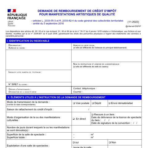 Aperçu du document Demande de remboursement de crédit d'impôt pour manifestations artistiques de qualité — Professionnels, France (CERFA n°15600)