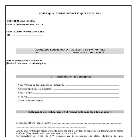 Aperçu du document Demande de remboursement des crédits de TVA - DIW — Modèles de demandes, Algérie (CERFA n°Demande de remboursement des credits de TVA DIW)