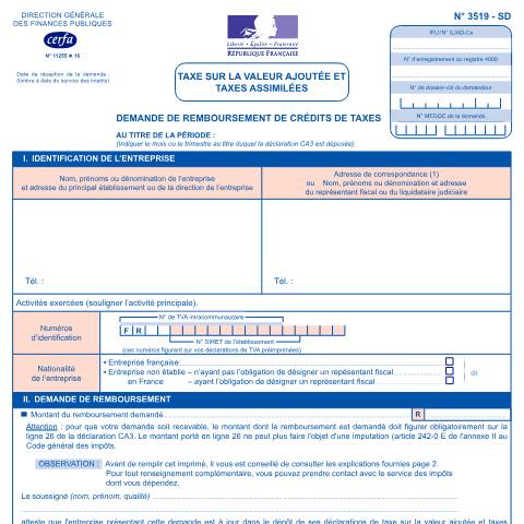 Aperçu du document Demande de remboursement de crédits de taxes (TVA et taxes assimilées) - Régime réel normal et simplifié (3519-SD) — Professionnels, France (CERFA n°11255*17)