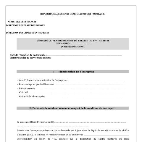 Aperçu du document Demande de remboursement des crédits de TVA (cessation d'activité)-DGE — Modèles de demandes, Algérie (CERFA n°Demande de remboursement des credits de TVA cessation d activite DGE)
