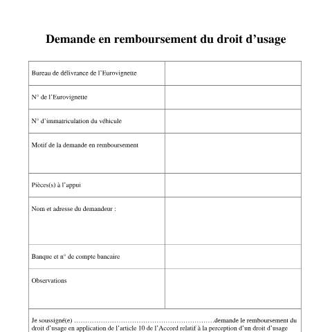 Aperçu du document e-vignette - Demande en remboursement du droit d'usage — Transport, Luxembourg (CERFA n°remboursement-evignette)