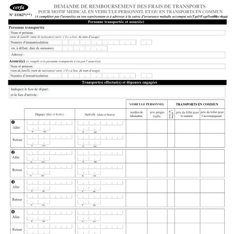 Aperçu du document Demande de remboursement des frais de transports pour motif médical en véhicule personnel et/ou transports en commun (CNMSS) — Particuliers, France (CERFA n°11162*05)