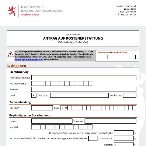 Aperçu du document de Sprachurlaub – Antrag auf Kostenerstattung (Selbstständiger/Freiberufler) — Conges, Luxembourg (CERFA n°conge-linguistique-remboursement-indep)