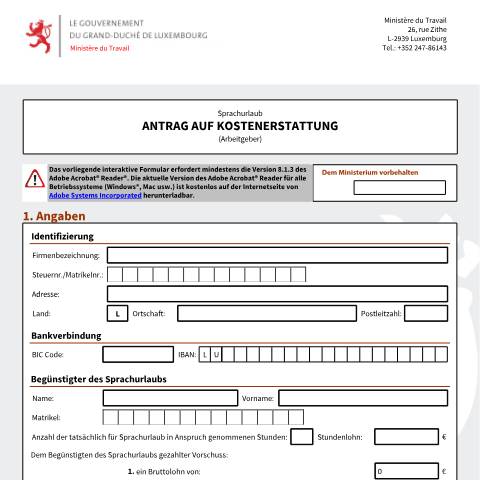 Aperçu du document de Sprachurlaub – Antrag auf Kostenerstattung (Arbeitgeber) — Conges, Luxembourg (CERFA n°conge-linguistique-remboursement-employeur)