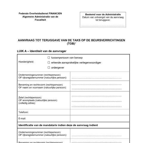 Aperçu du document dit formulier (PDF, 204.35 KB) — Hoe een aanvraag tot teruggave van de taks op de beursverrichtingen indienen?, Belgique (CERFA n°124-aanvraag-teruggave-taks-beursverrichtingen)