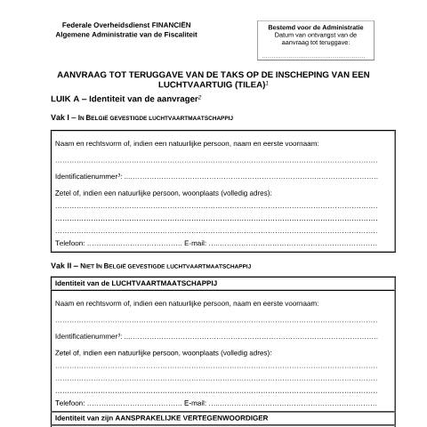 Aperçu du document dit formulier (PDF, 175.43 KB) — Hoe kan ik de terugbetaling van de taks vragen?, Belgique (CERFA n°124-tilea-aanvraag-teruggave)