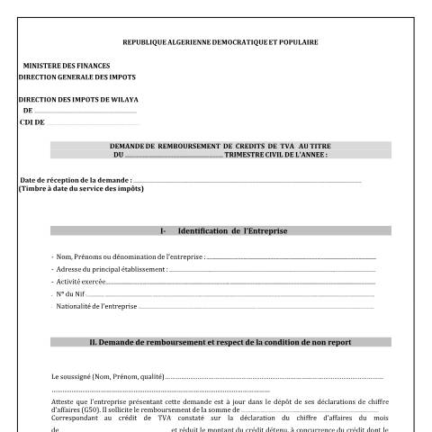 Aperçu du document Demande de remboursement des crédits de TVA (cessation d'activité)-CDI — Modèles de demandes, Algérie (CERFA n°Demande de remboursement des credits de TVA cessation d activite CDI)