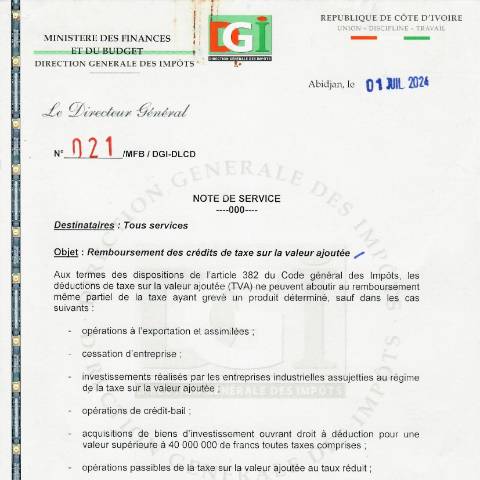 Aperçu du document N 021 MFB DGI DLCD DU 01 JUIL 2024 Remboursement des credits de taxe sur la valeur ajoutee — Note de service, Côte d'Ivoire