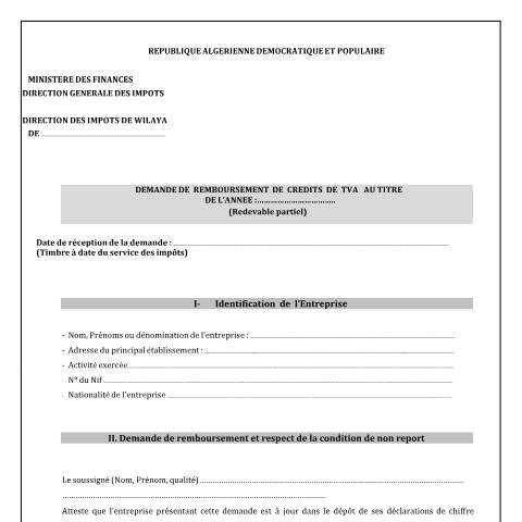 Aperçu du document Demande de remboursement des crédits de TVA (redevable partiel)-DIW — Modèles de demandes, Algérie (CERFA n°Demande de remboursement des credits de TVA redevable partiel DIW)