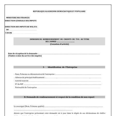 Aperçu du document Demande de remboursement des crédits de TVA (redevable partiel)-CDI — Modèles de demandes, Algérie (CERFA n°Demande de remboursement des credits de TVA redevable partiel CDI)