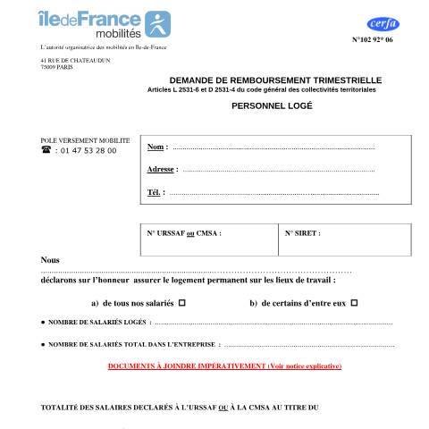 Aperçu du document Demande de remboursement trimestrielle - Versement de transport - Personnel logé (Île-de-France) — Professionnels, France (CERFA n°10292*06)