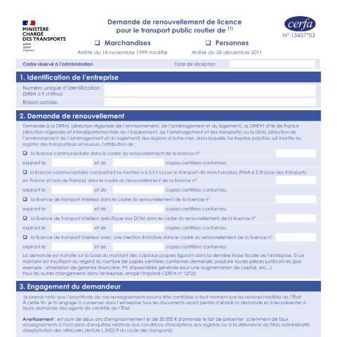 Aperçu du document Demande de renouvellement de licence pour le transport de marchandises et de personnes — Professionnels, France (CERFA n°13437*03)