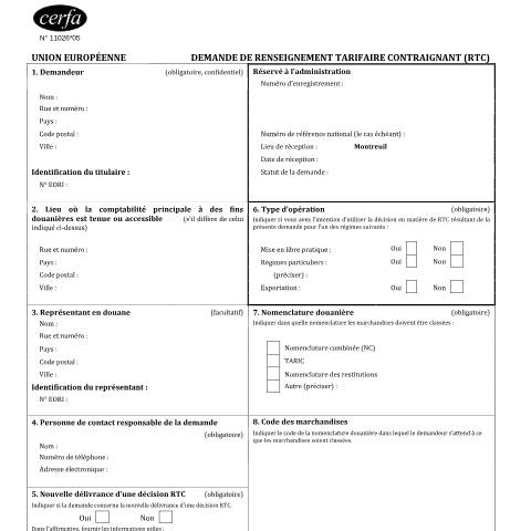 Aperçu du document Demande de renseignement tarifaire contraignant (RTC) — Professionnels, France (CERFA n°11026*05)