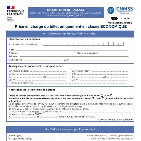 Aperçu du document Demande de réquisition de passage au titre de l’article L212-1 du code des pensions militaires d’invalidité et des victimes de guerre — Particuliers, France (CERFA n°14611*02)