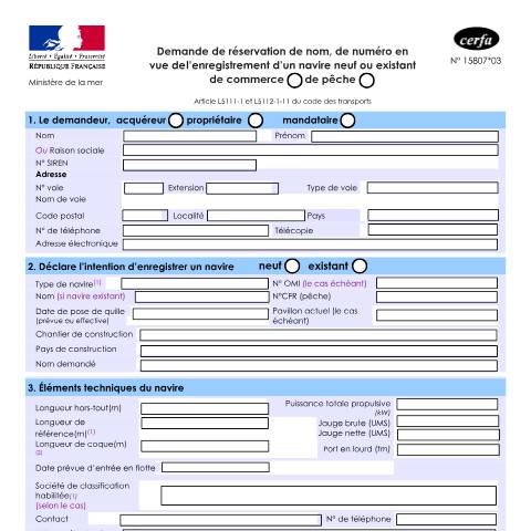 Aperçu du document Demande de réservation de nom, de numéro en vue de l'enregistrement d'un navire neuf ou existant de commerce ou de pêche — Professionnels, France (CERFA n°15807*03)