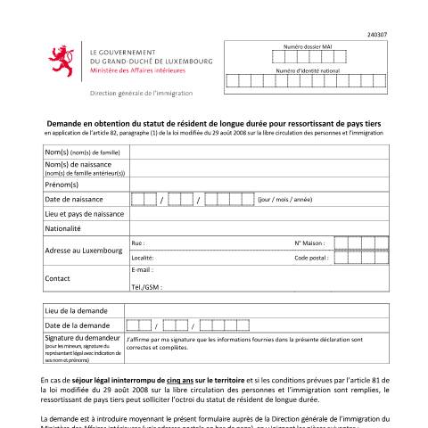 Aperçu du document Demande en obtention du statut de résident de longue durée pour ressortissant de pays tiers — Immigration tiers resident longue duree, Luxembourg (CERFA n°demande-statut-resident-longue-duree)