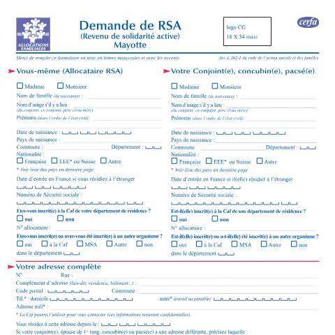 Aperçu du document Demande de RSA (Mayotte) — Particuliers, France (CERFA n°14584*01)