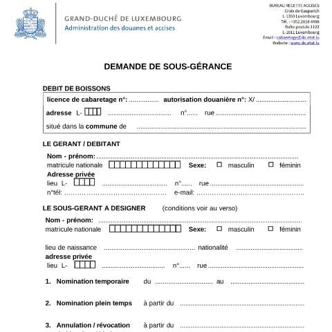 Aperçu du document Demande de sous-gérance — Horeca, Luxembourg (CERFA n°sous-gerance)