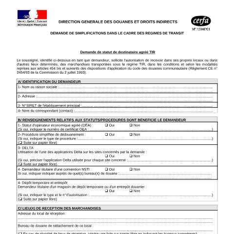 Aperçu du document Demande de statut de destinataire agréé Transit international routier (TIR) — Professionnels, France (CERFA n°13846*01)