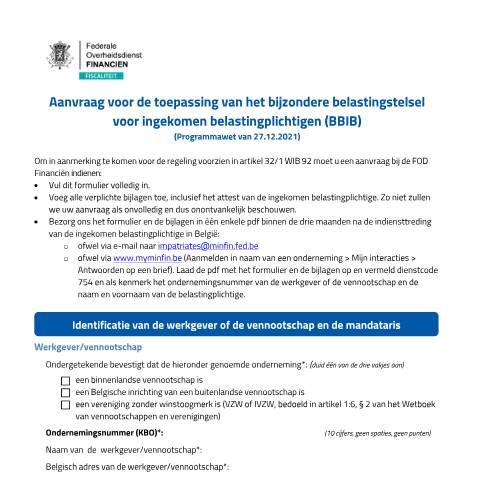 Aperçu du document aanvraagformulier voor het statuut van ingekomen belastingplichtigen (PDF, 753.2 KB) — Een aanvraag indienen voor de toepassing van het bijzonder belastingstelsel, Belgique (CERFA n°122-aanvraagformulier-statuut-ingekomen-belastingplichtige-BBIB)