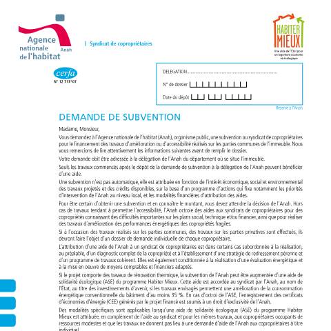 Aperçu du document Anah : demande de subvention pour réaliser des travaux dans un immeuble en copropriété — Particuliers, France (CERFA n°12713*07)