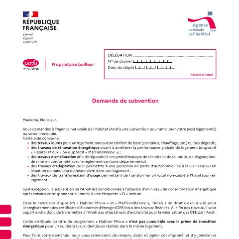 Aperçu du document Propriétaire bailleur : demander à l’Anah une subvention pour travaux — Particuliers, France (CERFA n°12709*08)