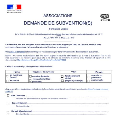 Aperçu du document Association : demande de subvention — Particuliers, France (CERFA n°12156*06)