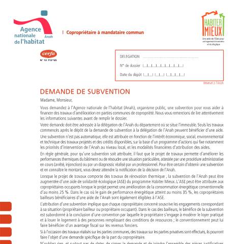 Aperçu du document Copropriétaires : demande de subvention pour réaliser des travaux à la demande des copropriétaires ayant désigné un mandataire commun (Anah) — Particuliers, France (CERFA n°12712*05)