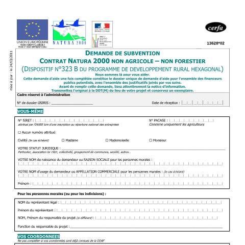 Aperçu du document Demande de subvention – Contrat Natura 2000 non agricole-non forestier — Professionnels, France (CERFA n°13628*02)