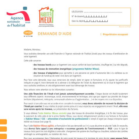 Aperçu du document Propriétaire occupant : demande de subvention pour travaux (Anah) — Particuliers, France (CERFA n°12711*08)