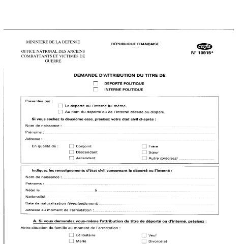 Aperçu du document Demande d'attribution du titre de déporté ou interné politique — Particuliers, France (CERFA n°10915*02)