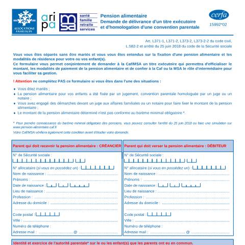 Aperçu du document Demande de délivrance d'un titre exécutoire et d'homologation d'une convention parentale — Particuliers, France (CERFA n°15992*02)