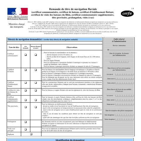 Aperçu du document Demande de titre de navigation fluviale — Professionnels, France (CERFA n°14756*01)