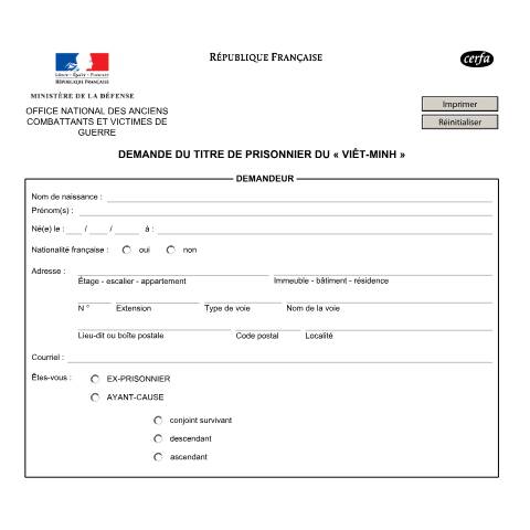 Aperçu du document Demande du titre de prisonnier du "Viêt-Minh" — Particuliers, France (CERFA n°10861*02)