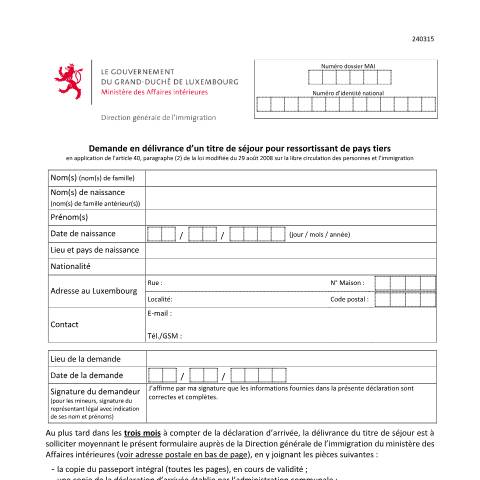 Aperçu du document Demande en délivrance d’un titre de séjour pour ressortissant de pays tiers — Immigration tiers titre sejour, Luxembourg (CERFA n°demande-titre-sejour)