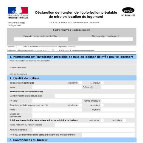 Aperçu du document Demande de transfert d'autorisation préalable de mise en location de logement — Particuliers, France (CERFA n°15663*01)