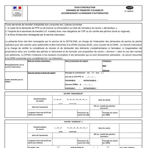 Aperçu du document Permis de pêche spéciaux : demande de transfert d'éligibilité accompagnant la demande d'autorisation — Professionnels, France (CERFA n°14553*01)