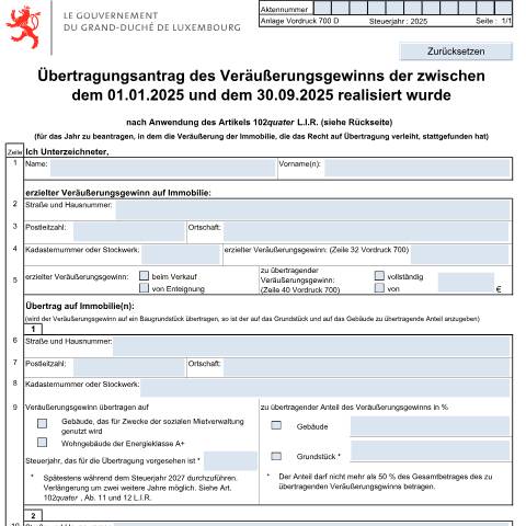 Aperçu du document Übertragungsantrag des Veräußerungsgewinns — Plus-values d'immeubles du patrimoine privé, Luxembourg (CERFA n°700_Anlage)