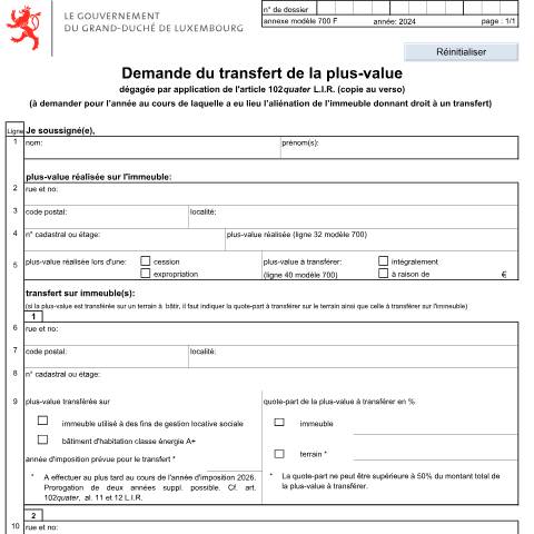 Aperçu du document Demande du transfert de la plus-value — Plus-values d'immeubles du patrimoine privé, Luxembourg (CERFA n°700_Transfert)