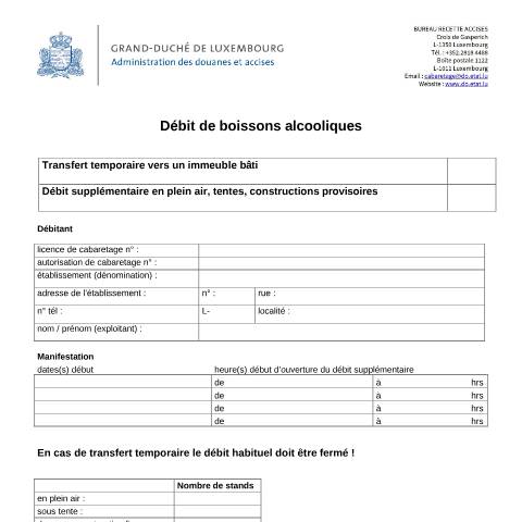 Aperçu du document Débit de boissons alcooliques : Demande de transfert temporaire / Débit supplémentaire — Horeca, Luxembourg (CERFA n°transfert-temporaire-debit-supp)