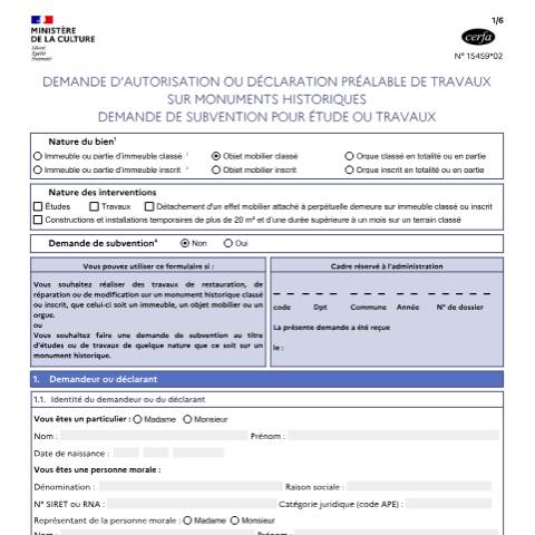Aperçu du document Demande d'autorisation et/ou de subvention de travaux sur un monument historique (immeuble, mobilier, orgue) — Professionnels, France (CERFA n°15459*02)