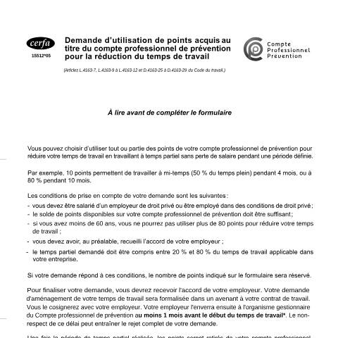 Aperçu du document Demande d'utilisation de points acquis au titre du compte professionnel de prévention (C2P) pour la réduction du temps de travail — Particuliers, France (CERFA n°15511*04)