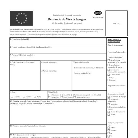 Aperçu du document Demande de visa Schengen (visa de court séjour) — Particuliers, France (CERFA n°14076*05)