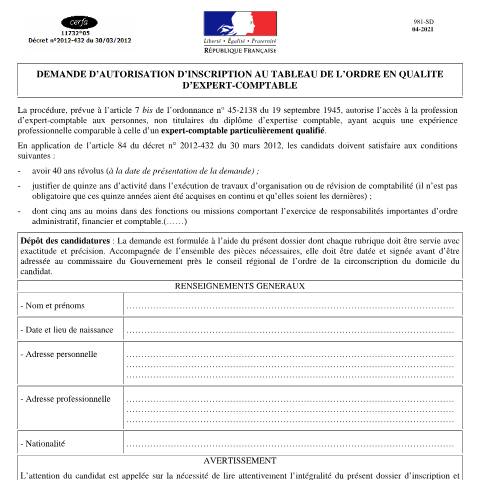 Aperçu du document Demander une autorisation d'inscription au tableau de l'ordre des experts-comptables — Professionnels, France (CERFA n°11732*05)