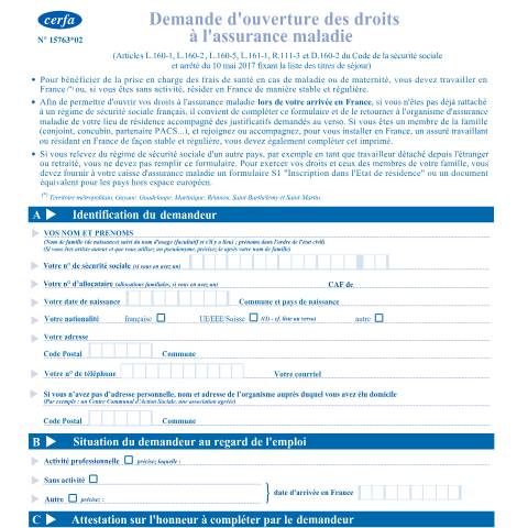 Aperçu du document Demander l'ouverture des droits à l'Assurance maladie — Particuliers, France (CERFA n°15763*02)