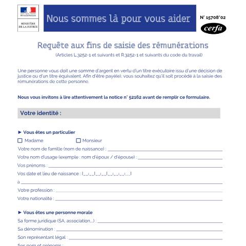 Aperçu du document Demander une saisie sur salaire (ou saisie des rémunérations) — Particuliers, France (CERFA n°15708*02)