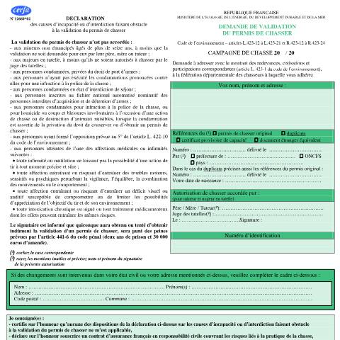 Aperçu du document Demander la validation du permis de chasse pour l'année en cours — Particuliers, France (CERFA n°12660*02)